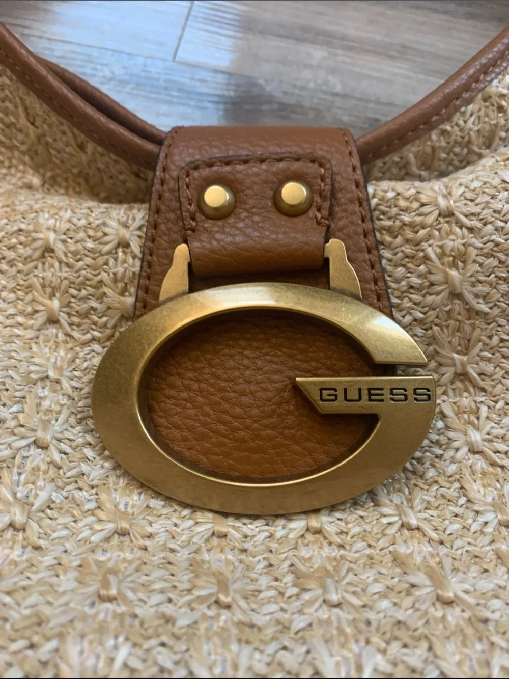 GUESS Camden Raffia Hobo Bag with Tan Leather and Gold Logo